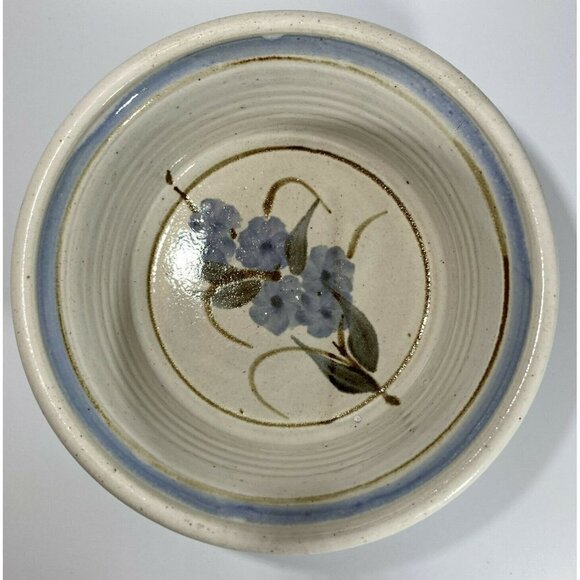 Artisan Signed Glazed Pottery Ivory Gray Serving Bowl w/ Handles Blue Flowers - Picture 10 of 10